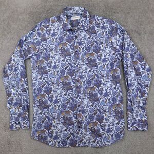John Henric Shirt Men's 16.5 42 Blue Paisley Milano Button Up Easy Iron Cotton